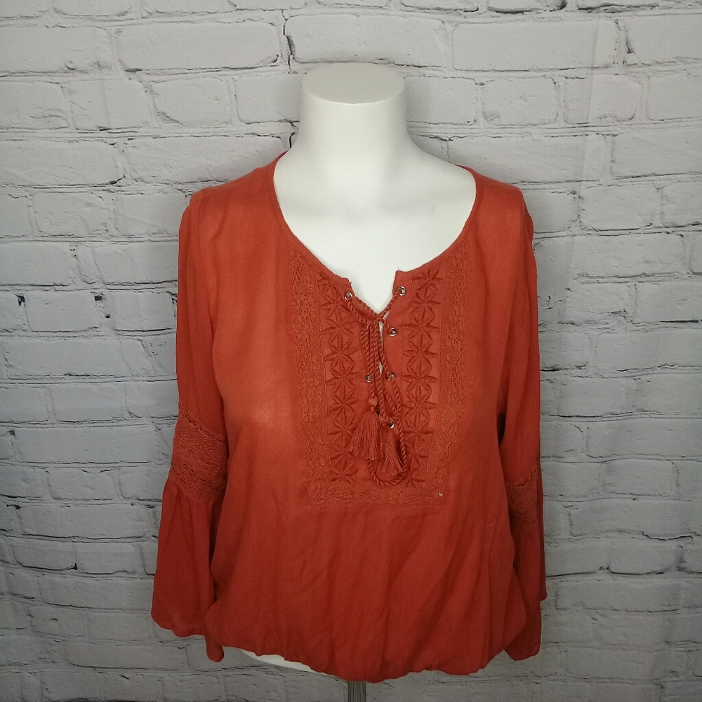 American Eagle Outfitters Dark Orange Boho Embroidered Bell Sleeve Blouse Medium